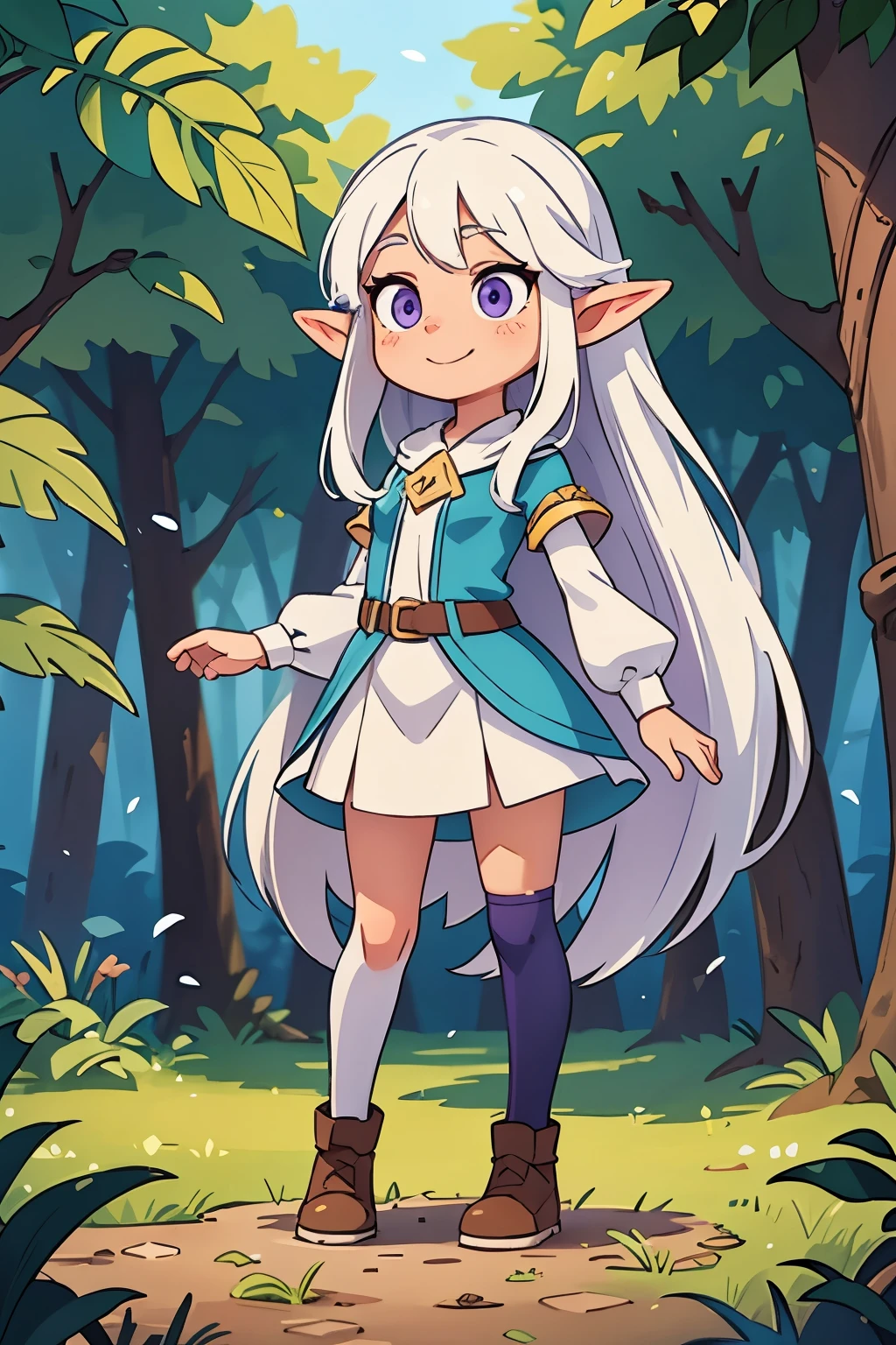 Standing in front of the photo, an elf girl, full body, long white hair, violet eyes, blue clothes, happy, face forward, eyes forward, in a forest.