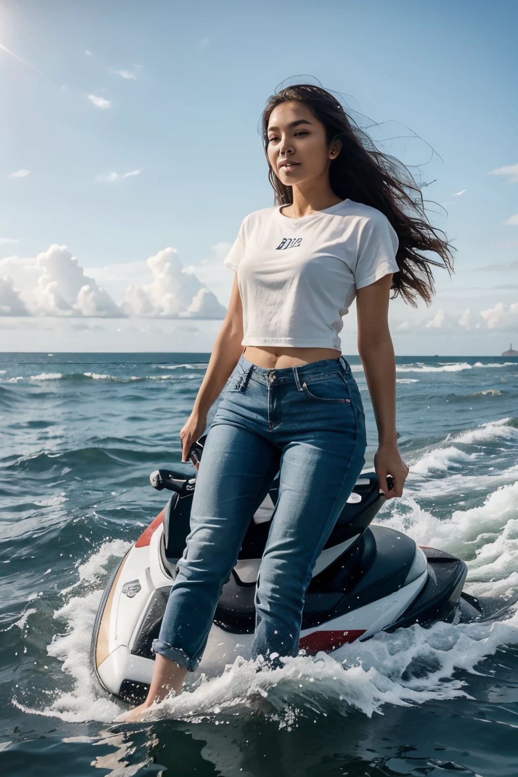 beautiful Indonesian woman with ideal body, 26 years old, wearing jeans trousers and a plain t-shirt riding a jet ski in the water, 𤬠𤮠ð ð, 2 0 2 0, 2022, 2020, 2 0 2 2, 2021, 2 0 2 1, riding the wind and waves, shooting, ð¹ï¸ ð ð¬, f 2. 0, having fun