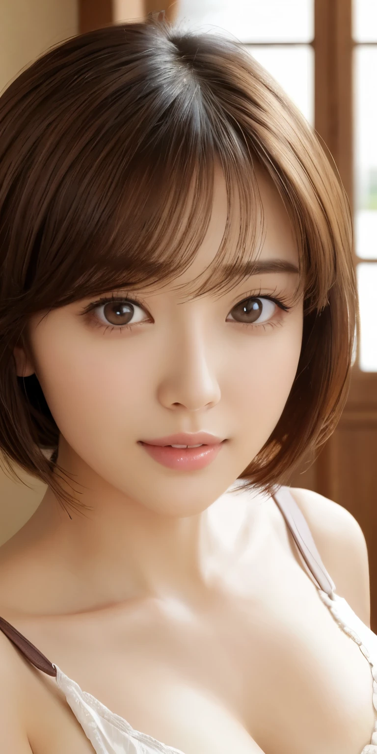 masterpiece、highest quality、High resolution、table top、wallpaper、realistic、bright lighting、professional lighting、face light、smooth lighting、japanese woman、adult、Beautiful woman、action、gravure、sexy、poor、super beautiful、beautiful skin、beautiful and detailed eyes、detailed face、slim、moderately、short hair、brunette colored hair、brown eyes、look at the camera、i have a saxophone