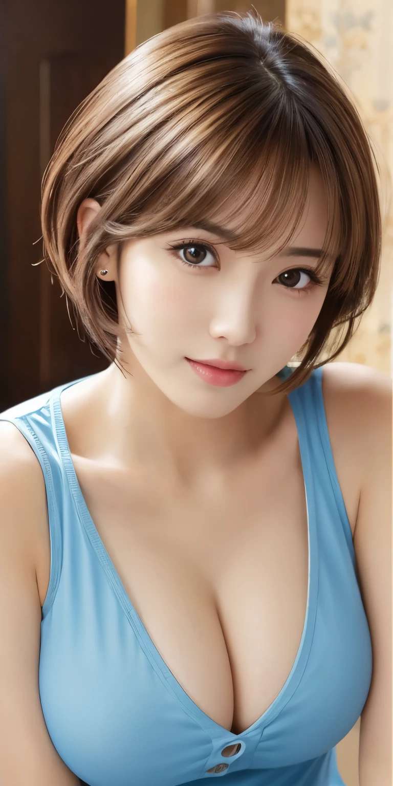 masterpiece、highest quality、High resolution、table top、wallpaper、realistic、bright lighting、professional lighting、face light、smooth lighting、japanese woman、adult、Beautiful woman、action、gravure、sexy、poor、super beautiful、beautiful skin、beautiful and detailed eyes、detailed face、slim、moderately、short hair、brunette colored hair、brown eyes、look at the camera、big breasts、cleavage