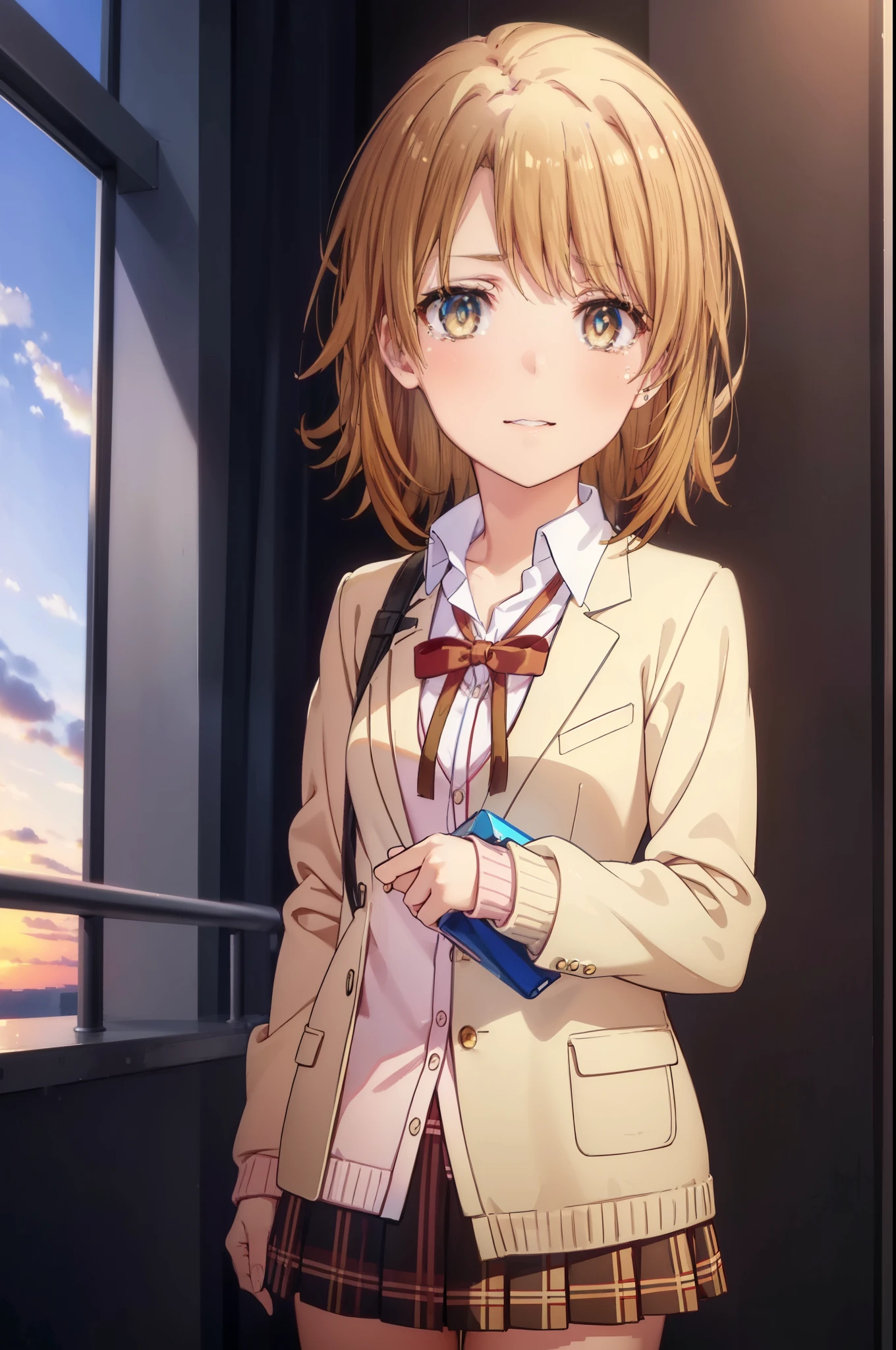 irohaisshiki, Isshiki Iroha, short hair, brown hair, (Brown color eyes:1.5), smile,blush,Open your mouth wide,Tears running down her face,Tears of joy、I cry a lot、break skirt, shirt, ribbon, , Jacket, white shirt, open clothes, socks, open Jacket, black Jacket, plaid, knee high, plaid skirt, blazer, cardigan, black socks, pink cardigan,Holding a large bouquet in both hands ,birthday,A birthday cake is on the table,confetti,evening,sunset,The sun is setting,
break indoors,School classroom ,
break looking at viewer,Upper body,(cowboy shot:1. 3)
break (masterpiece:1.2), highest quality, High resolution, unity 8k wallpaper, (shape:0.8), (beautiful and detailed eyes:1.6), highly detailed face, perfect lighting, Very detailed CG, (perfect hands, perfect anatomy),