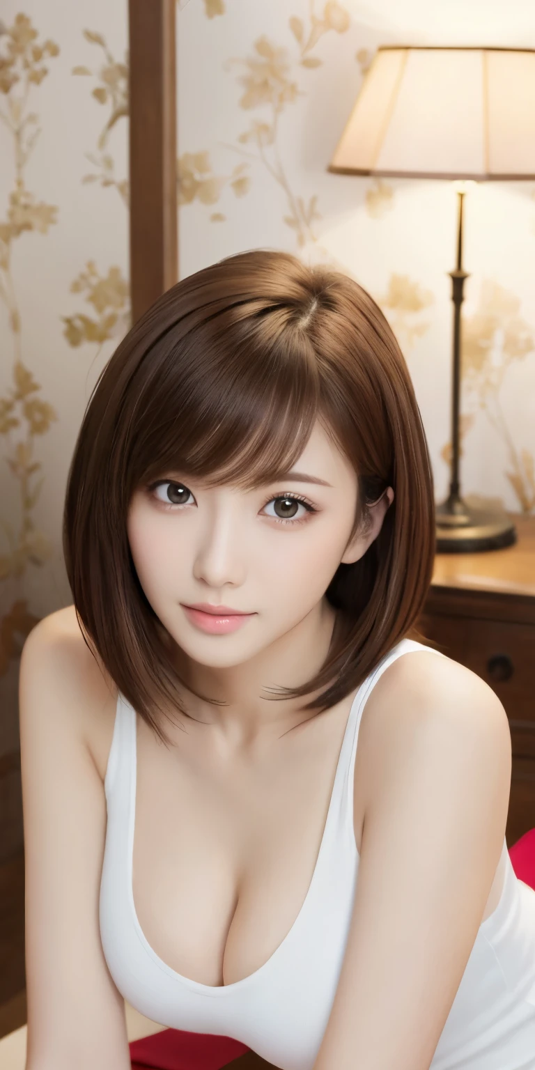 masterpiece、highest quality、High resolution、table top、wallpaper、realistic、bright lighting、professional lighting、face light、smooth lighting、japanese woman、adult、Beautiful woman、action、gravure、sexy、poor、super beautiful、beautiful skin、beautiful and detailed eyes、detailed face、slim、moderately、short hair、brunette colored hair、brown eyes、look at the camera、big breasts、cleavage