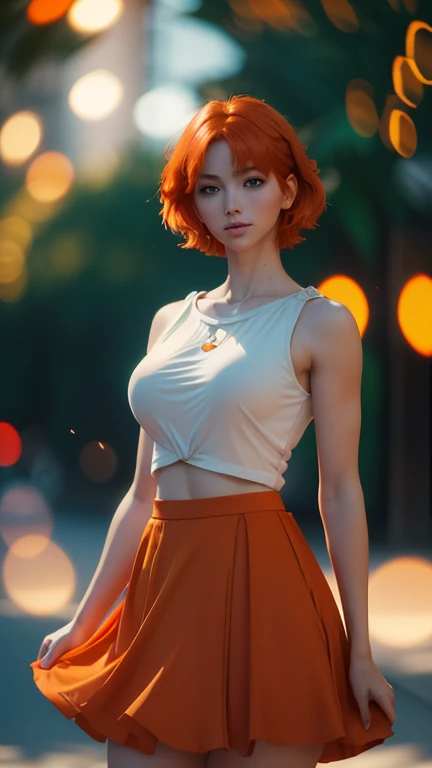 Ultra realistic, 16k, high quality, 1 girl, short orange hair, shoulder-length orange/red hair that spreads across her left temple and is tucked behind her ear, eyes blue, bright eyes, white skin, pale skin, flushed cheeks, big tits, narrow waist, big hips, hot legs, skirt, parted lips, blush, night, flowers, sun, sollight, 25 years old, (beautiful tall body), professional photography of a stunning woman detailed, sharp focus, dramatic, award-winning, cinematic lighting, volumetric dtx, (film grain, blurred background, blurred foreground, Bokeh, depth of field, motion blur:1.3), multiple hot sexy poses.