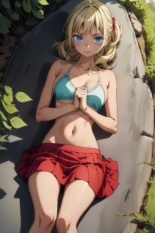 A tanned-skinned anime girl lies despondently on the ground, her hand cradling her abdomen in agony. Her slender frame is clad in a bikini top, the fabric revealing the faint outlines of her ribs. Long sun-kissed locks cascade around her face, concealing it from view. Her despairing expression, etched with lines of hunger and suffering, speaks of a life devoid of sustenance. The sunlight filters through the foliage above, bathing her emaciated figure in a warm, golden glow that accentuates the definition of her bones. The bikini top clings to her body, leaving little to the imagination, she lying down on the forest floor with her eyes closed in immense pain and suffering from hunger