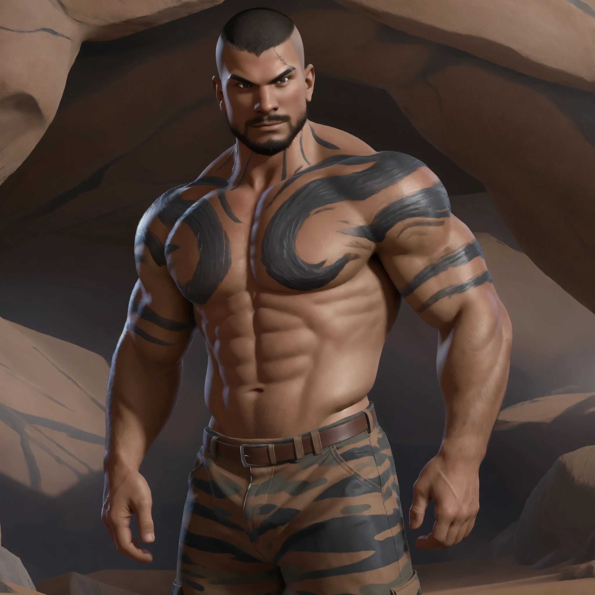 (masterpiece, best quality:1.2), 1boy, solo, (cowboy shot), inside desert camouflage colored tent, (standing at attention), brunette hair, (buzz cut hair), powerful pecs, huge biceps, pectoral, huge pectoral, wide pectoral, six pack abs, camouflage pants, boots, topless male, beefy, dark-skinned male, dark skin, shoulder tattoo, chest tattoo, manly, muscular male, the expression is particularly happy, the expression of excitement, the euphoria is a close-up, the lens mainly features the upper body, high quality, 4K, 8K, resolution, -auto-s2