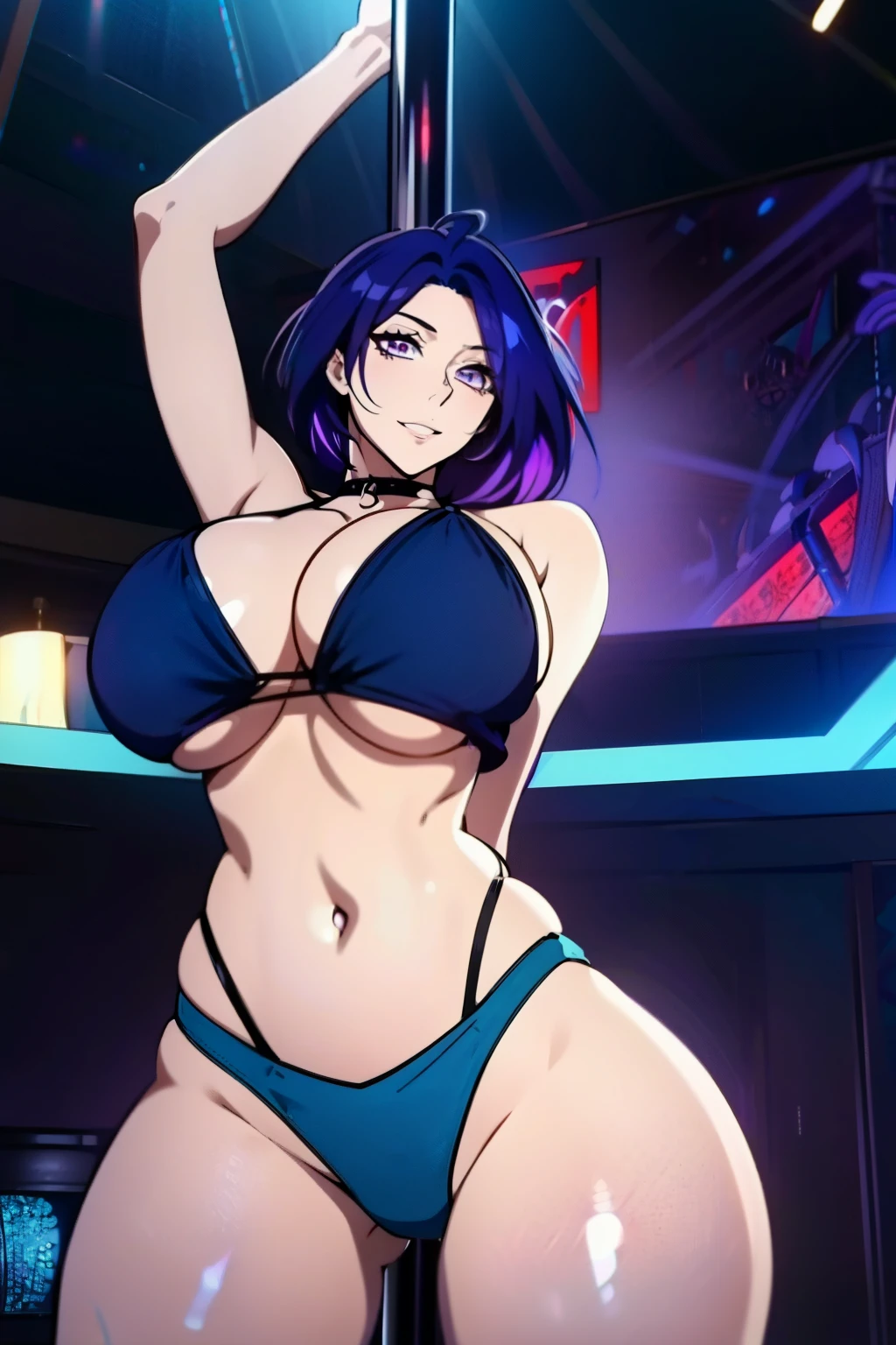 An anime-style artwork depicting acheron from the game Honkai star rail.
Tags: acheronhsr, anime, detailed eyes, detailed lips, black crop top, tight bikini, smiling expression, intense gaze, glowing emblem on hand, dynamic pose, indoor, nightclub, pole_dancing,leaning on a dance pole, standing on podium with a dance pole, vibrant colors, digital art, high-resolution, professional quality, gigantic breasts, (underboob : 1.4), curvy, cowboy shot, (gigantic breasts: 1.4), (purple eyes: 1.4), (blue hair: 1.6), short hair