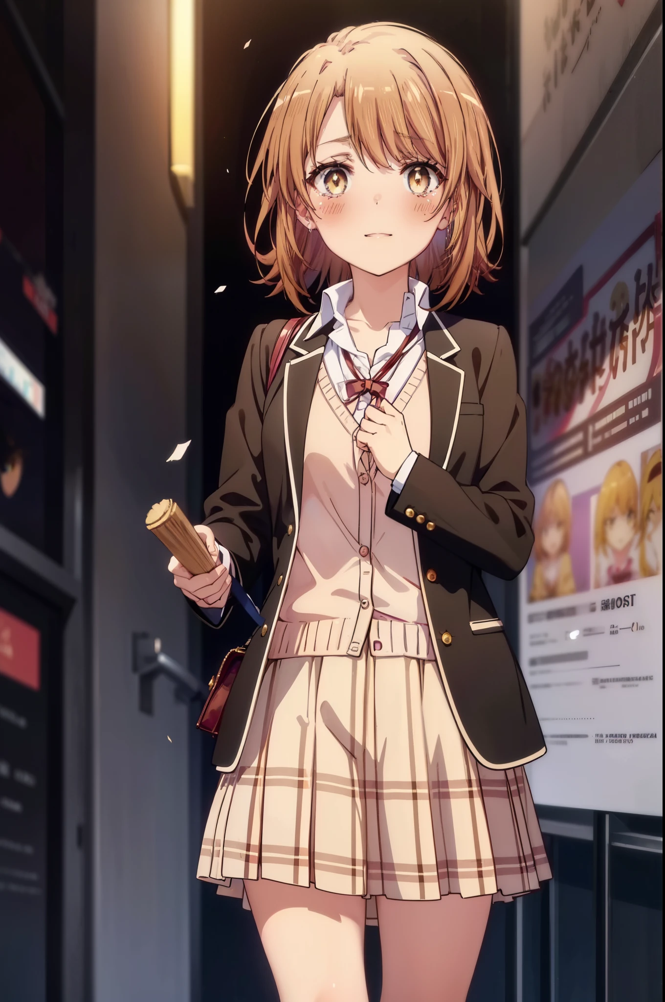 irohaisshiki, Isshiki Iroha, short hair, light brown hair, (Brown ruby eyes:1.5), smile,blush,Tears running down her face,Tears of joy、I cry a lot、break skirt, shirt, ribbon, , Jacket, white shirt, open clothes, socks, open Jacket, black Jacket, plaid, knee high, plaid skirt, blazer, cardigan, black socks, pink cardigan,holding a bouquet of flowers in both hands ,birthday,There is a birthday cake on the table,confetti,
break indoors,classroom ,
break looking at viewer,(cowboy shot:1. 3)
break (masterpiece:1.2), highest quality, High resolution, unity 8k wallpaper, (shape:0.8), (beautiful and detailed eyes:1.6), highly detailed face, perfect lighting, Very detailed CG, (perfect hands, perfect anatomy),
