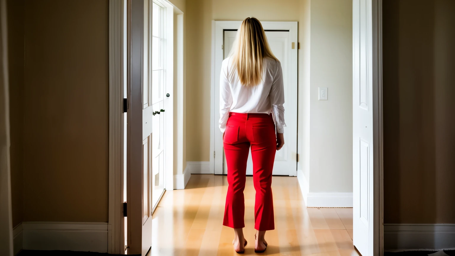 full body beautiful, blonde woman, long hair, thin legs, frustrated, looked in the mirror, white pants, red shirt, light shadows, cinematic taking