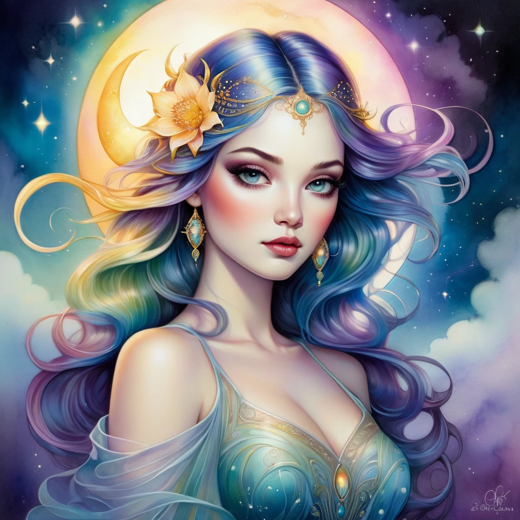 An awe-inspiring watercolor and ink masterpiece inspiring by Jasmine Becket-Griffith and Anna Dittmann featuring an enchanting, ethereal, charming woman emanating celestial energy and holding a glowing moon in her hand. Extraordinarily well detailed, serene and caring face full of compassion. The artwork is alive with pastel hues, rainbow colors, and a double exposure effect, creating a mesmerizing interplay of light and shadow. Golden light emanate from the central radiant light, casting a soft glow and a mysterious aura around the subject. Drawing inspiration from the styles of  Mab Graves and Artgerm, this piece showcases delicate brushstrokes, vivid light effects, and an intricate interplay of dark fantasy elements. The HDR 8K, SSAO, and high-definition rendering enhance the vibrant colors and artistic details, making this illustration truly out of this world, fashionable, and immersive. Golden ratio in the proportions.