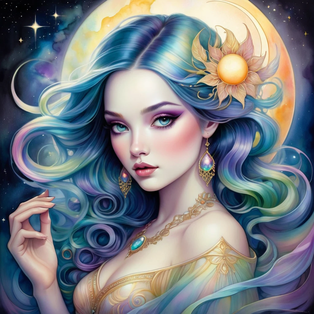 An awe-inspiring watercolor and ink masterpiece inspiring by Jasmine Becket-Griffith and Anna Dittmann featuring an enchanting, ethereal, charming woman emanating celestial energy and holding a glowing moon in her hand. Extraordinarily well detailed, serene and caring face full of compassion. The artwork is alive with pastel hues, rainbow colors, and a double exposure effect, creating a mesmerizing interplay of light and shadow. Golden light emanate from the central radiant light, casting a soft glow and a mysterious aura around the subject. Drawing inspiration from the styles of Mab Graves and Artgerm, this piece showcases delicate brushstrokes, vivid light effects, and an intricate interplay of dark fantasy elements. The HDR 8K, SSAO, and high-definition rendering enhance the vibrant colors and artistic details, making this illustration truly out of this world, fashionable, and immersive. Golden ratio in the proportions.
