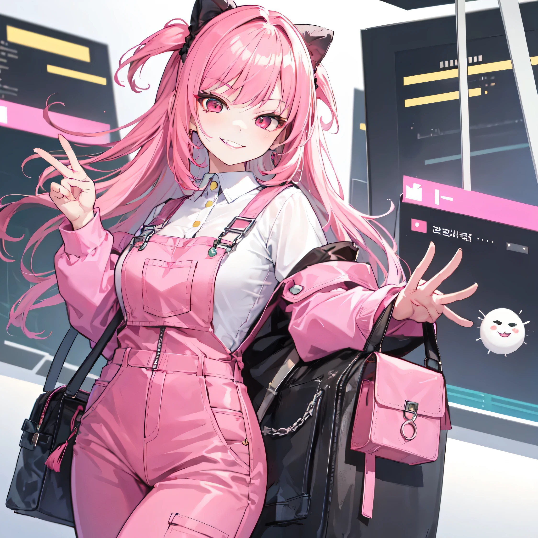 kpop girl wearing a uniform outfit, with a pink fuchsia-colored overalls , smile with teeth, pimk eyes, smirk rizz face