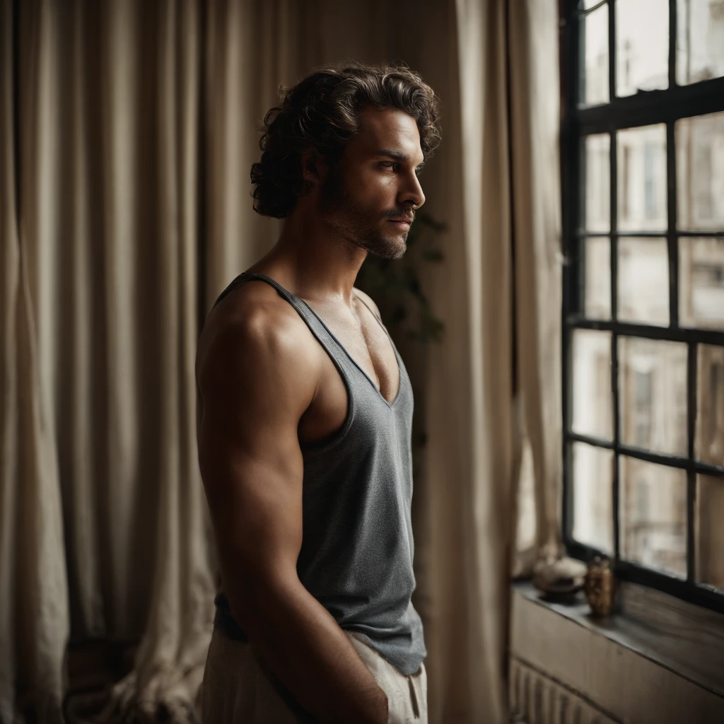 homem branco, com cabelo loiro claro, olhos claros e forte. Ele deve estar sem blusa, somente com uma toalha de banho na cintura, standing at the door. Em um apartamento de luxo.