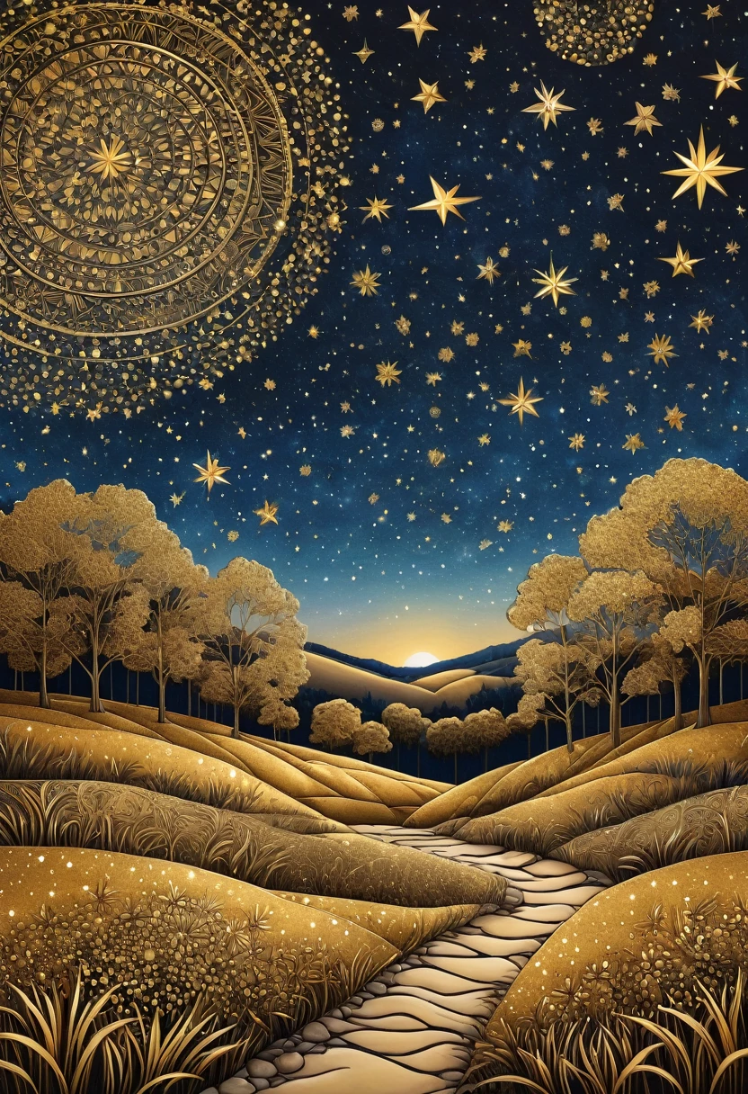 (best quality, highres, ultra sharp), gold tones, stars full sky, zentangle lanscape, Gold Leaf Art