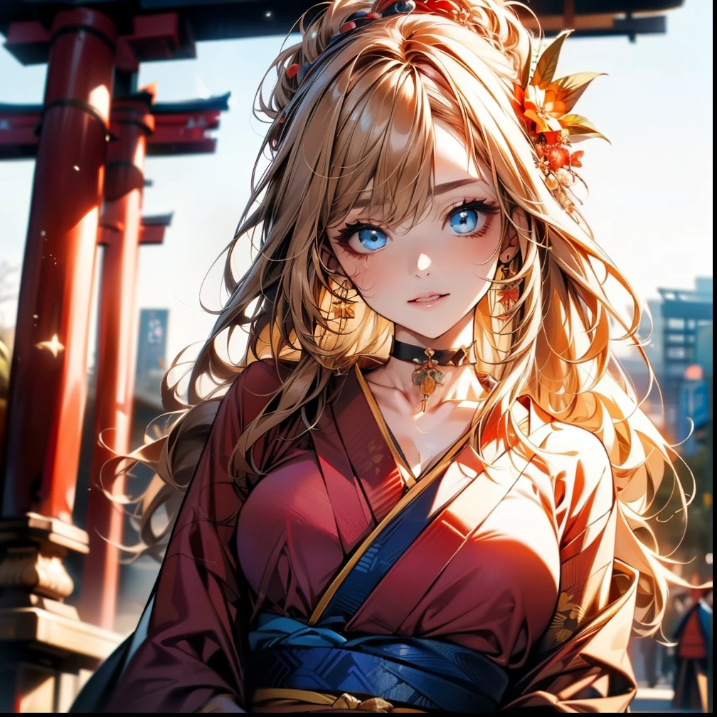 ((Light brown long hair:1.9, wavy hair:1.6, asymmetrical hair:1.8, half up hair)), (shining blue eyes:1.4)beautiful, beautiful woman, perfect anatomy, perfect body, perfect breasts, ((kimono:1.8, choker:1.6)), ((Japan gardens in winter:1.98, torii)), captivating gaze, slight smile, realism, masterpiece, rough skin , Super detailed, high detail, high quality, 最high quality, 1080p, 16k 