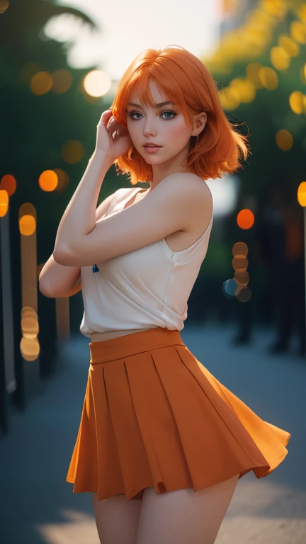 Ultra realistic, 16k, high quality, 1 girl, short light orange hair, shoulder-length pale orange hair that spreads across her left temple and is tucked behind her ear, eyes blue, bright eyes, white skin, pale skin, flushed cheeks, big tits, narrow waist, big hips, hot legs, skirt, parted lips, blush, night, flowers, sun, sollight, 20 years old, (beautiful tall body), professional photography of a stunning woman detailed, sharp focus, dramatic, award-winning, cinematic lighting, volumetric dtx, (film grain, blurred background, blurred foreground, Bokeh, depth of field, motion blur:1.3), multiple hot sexy poses.  