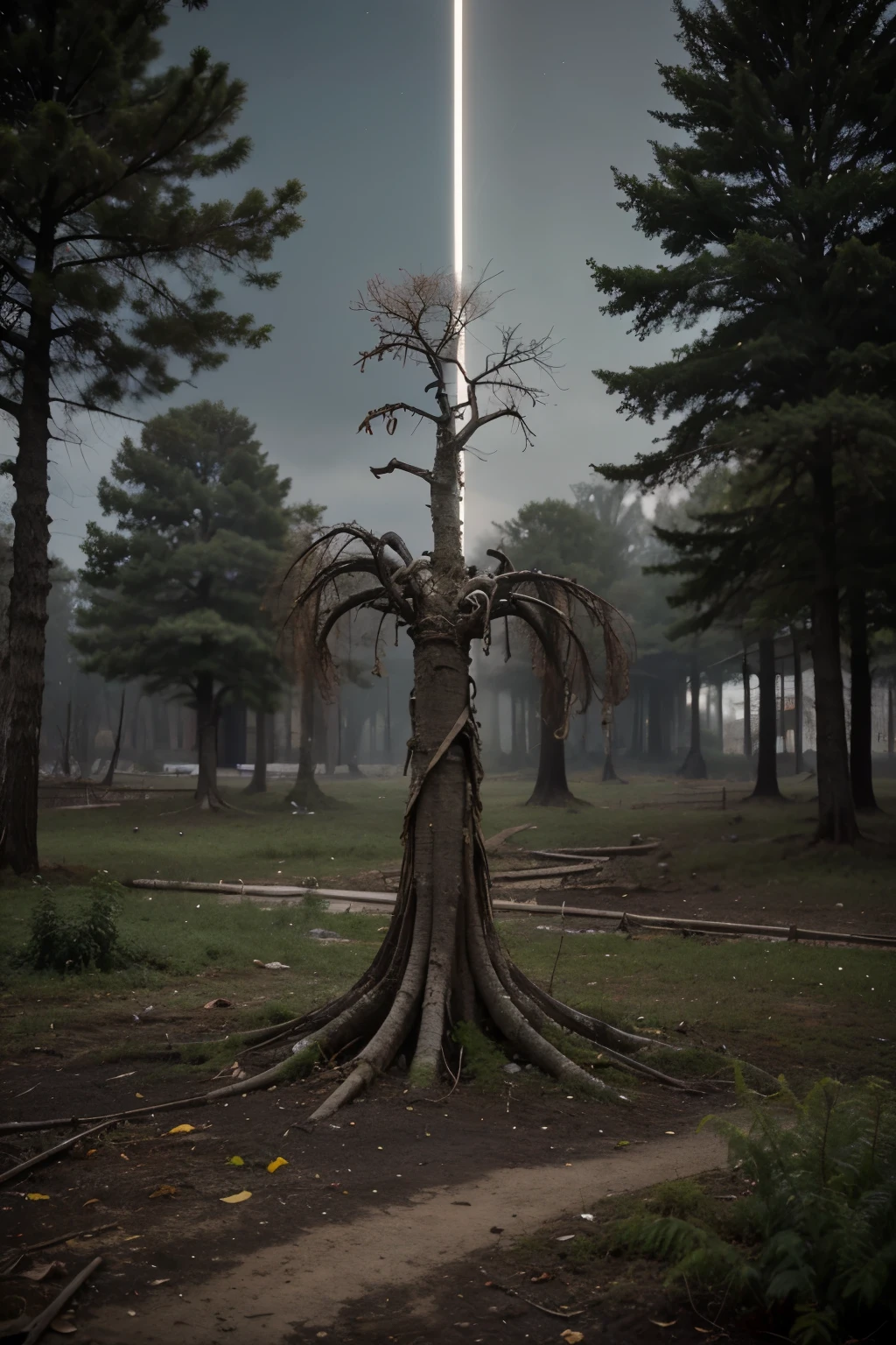 The corrupted region spread like a festering wound over the earth. Once lush and vibrant with life, it was now a grim testament to decay and darkness. The air was thick with the stench of decay, suffocating any remaining traces of vitality.
Dead plants and trees covered the landscape, their withered forms twisted and contorted as if in agony. Where verdant forests once thrived, now only skeletal remains reached the dark sky, their branches twisted and devoid of foliage. The ground itself seemed to writhe with corruption, the ground was blackened and infertile, devoid of any sign of life, there were monsters taken over by corruption, their origins unknown.
