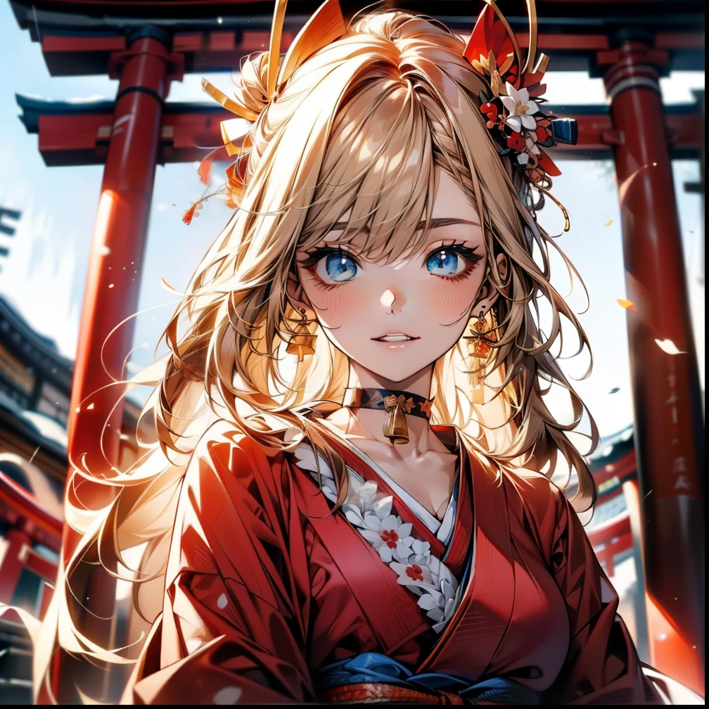 ((Light brown long hair:1.9, wavy hair:1.6, asymmetrical hair:1.8, half up hair)), (shining blue eyes:1.4)beautiful, beautiful woman, perfect anatomy, perfect body, perfect breasts, ((kimono:1.8, choker:1.6)), ((Japan gardens in winter:1.98, torii)), captivating gaze, slight smile, realism, masterpiece, rough skin , Super detailed, high detail, high quality, 最high quality, 1080p, 16k 