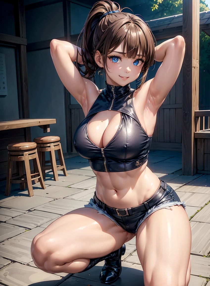 beautiful features、Japanese、brown hair、((ponytail、deep blue eyes:1.2))、shiny smooth hair, thick bangs、(bright smile:1.2), ((Image Processing Algorithms:1.2))、highly detailed eyes, highest quality, ultra hd, HDR, Beautiful and vivid illustrations、high contrast、Tonal correction、Ultra-realistic oily and glossy skin, super fine, High resolution CG Unity 8k wallpaper, Raw photo, precise fingers, anatomically correct,Exposing the belly、attractive thighs、Sleeveless jacket、Tank top、super low rise shorts、knee high boots、leather gloves、((put your hands behind your head、Squat with your legs in an M shape:1.4))、