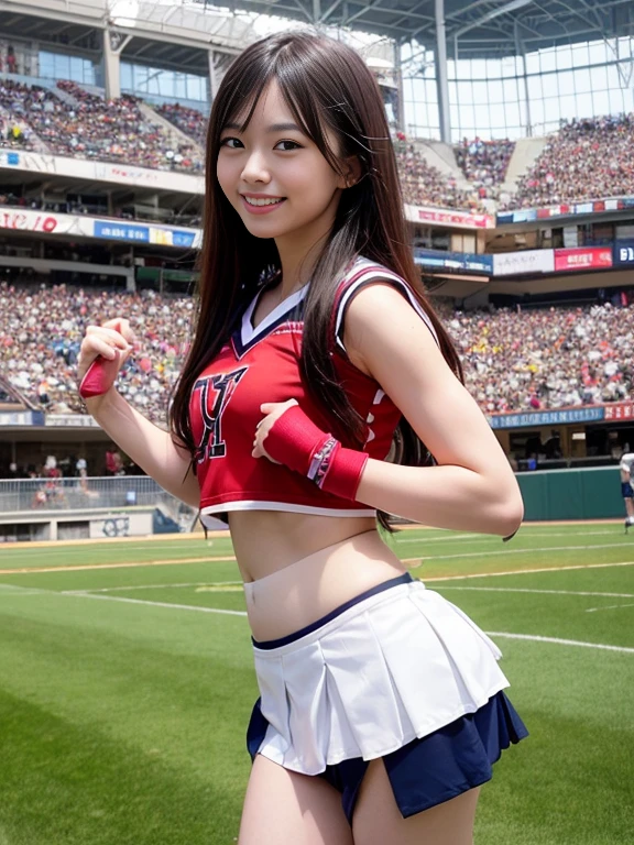 Arafed asian cheerleaders holding pom-poms at stadium, Big Plans, Big Plans, photograph, anime , small breasts, RAW photograph, highest quality, High resolution, (table top), (photographrealistic:1.4), professional photographgraphy, sharp focus, nffsw, 8K resolution, intricate details, Depth of the bounds written, Highly detailed CG Unity 8K wallpaper, front light, NSFW, woman, girl, beautiful supermodel, smile, thin, small cheer uniform, 、((super mini skirt:1.5))
