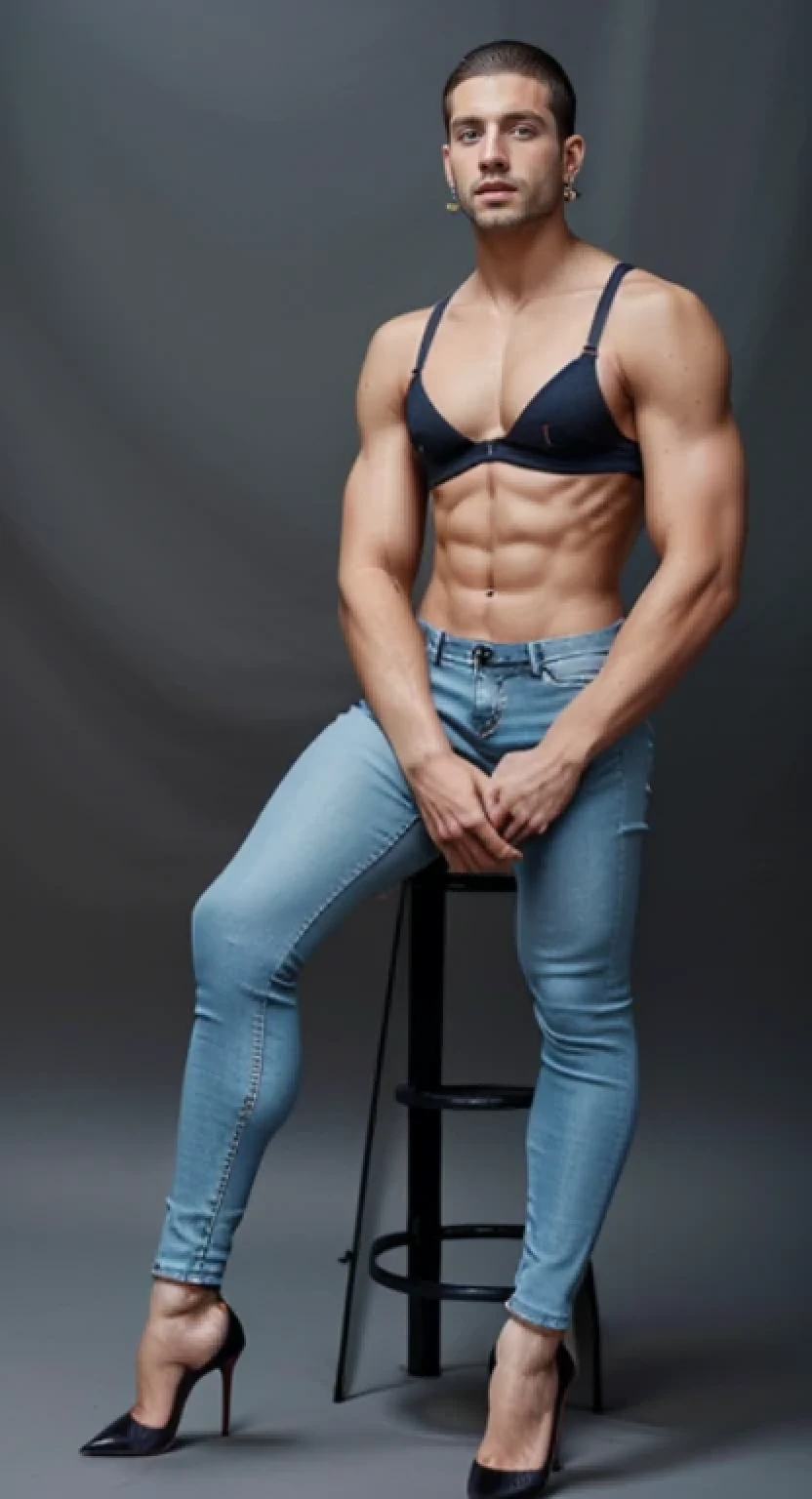 Athletic hunk man with very short hair, tight jeans, very high stiletto heels with pointy toes, earrings, bra ,nylons