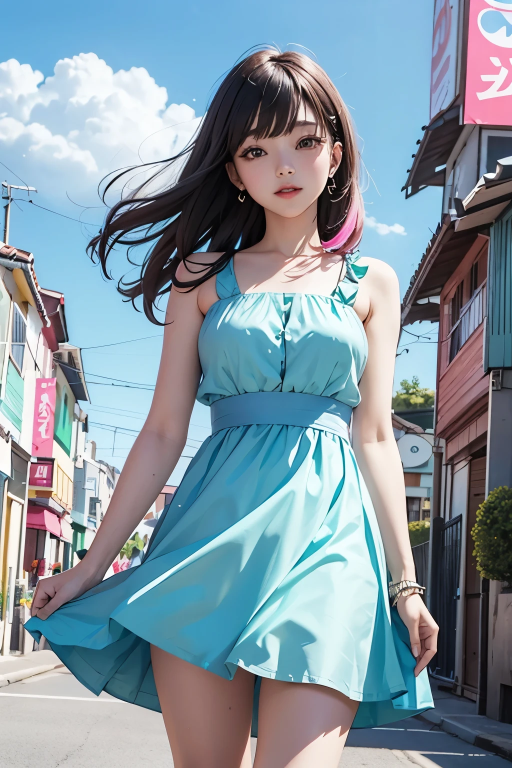 Arapé girl wearing a pastel multi-colored dress in front of a colorful background, official artwork, still promotion, official art, Photo shoot, Promotional photos, Aya Takano Color Style, Chiho, Promotional art, promo shot, colorful photos, promo still, Promotional images, Photo shoot, best artist, Portrait of a Korean ager, Twice's Tzuyu, Random Actions,