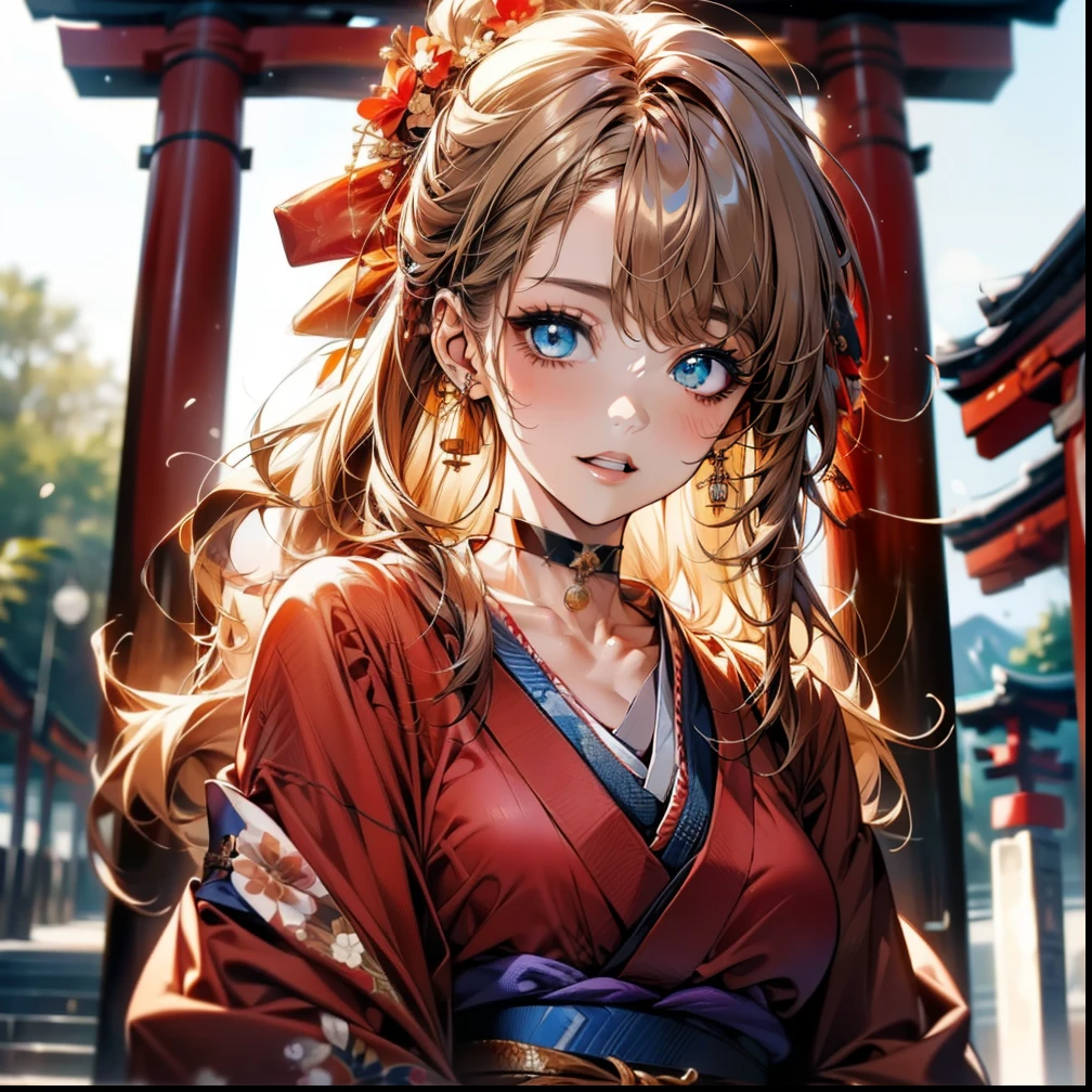 ((Light brown long hair:1.9, wavy hair:1.6, asymmetrical hair:1.8, half up hair)), (shining blue eyes:1.4)beautiful, beautiful woman, perfect anatomy, perfect body, perfect breasts, ((kimono:1.8, choker:1.6)), ((Japan gardens in winter:1.98, torii)), captivating gaze, slight smile, realism, masterpiece, rough skin , Super detailed, high detail, high quality, 最high quality, 1080p, 16k