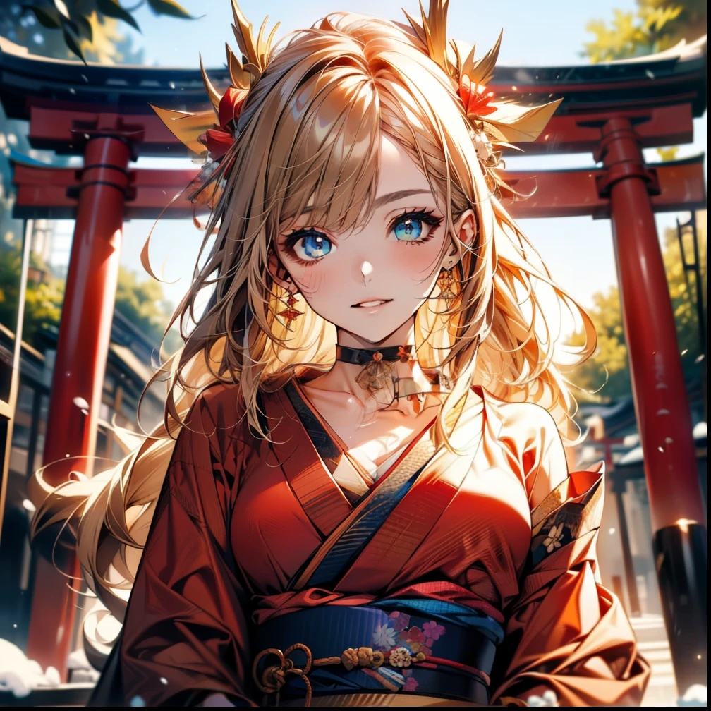 ((Light brown long hair:1.9, wavy hair:1.6, asymmetrical hair:1.8, half up hair)), (shining blue eyes:1.4)beautiful, beautiful woman, perfect anatomy, perfect body, perfect breasts, ((kimono:1.8, choker:1.6)), ((Japan gardens in winter:1.98, torii)), captivating gaze, slight smile, realism, masterpiece, rough skin , Super detailed, high detail, high quality, 最high quality, 1080p, 16k