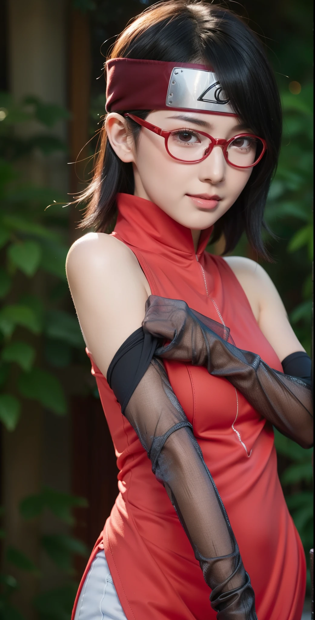 1girl, sarada uchiha in anime boruto, short hair, black hair, red eyes, smile, beautiful, sexy dress, sexy clothes, red clothes, wear red glasses, very big breast, realistic clothes, detail clothes, outdoor background, ultra detail, realistic ,the detail of the red glasses is perfect ,, anime character transformed into a realistic character, with detailed, beautiful and cute face, red filtered eyes, black hair, short hairstyle, bangs sweeping to the left, wearing a ninja head tie from konoha , expression
thin sweet smile, thin cheeks, sharp chin, red glasses, tentom shirt design, livis shorts, perfect model, large/medium breasts, free style, high resolution, detailed illustrations, very realistic background, white glowing skin, very detailed face perfect , 1girl, sarada uchiha in anime boruto, short hair, black hair, red eyes, smile, beautiful, sexy dress, sexy clothes, red clothes, wear red glasses, very big breast, realistic clothes, detail clothes, outdoor background, ultra detail, realistic,
hairstyle with sharp front bangs to the left