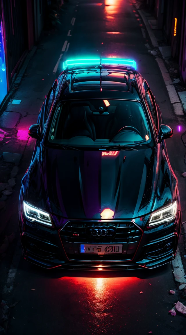 retro wave. Cidade, audi q5 2022, Kit Widebody, Rua, purple neon lights, Sol, Berg,
(Obra de arte, Detalhado, high resolution),
