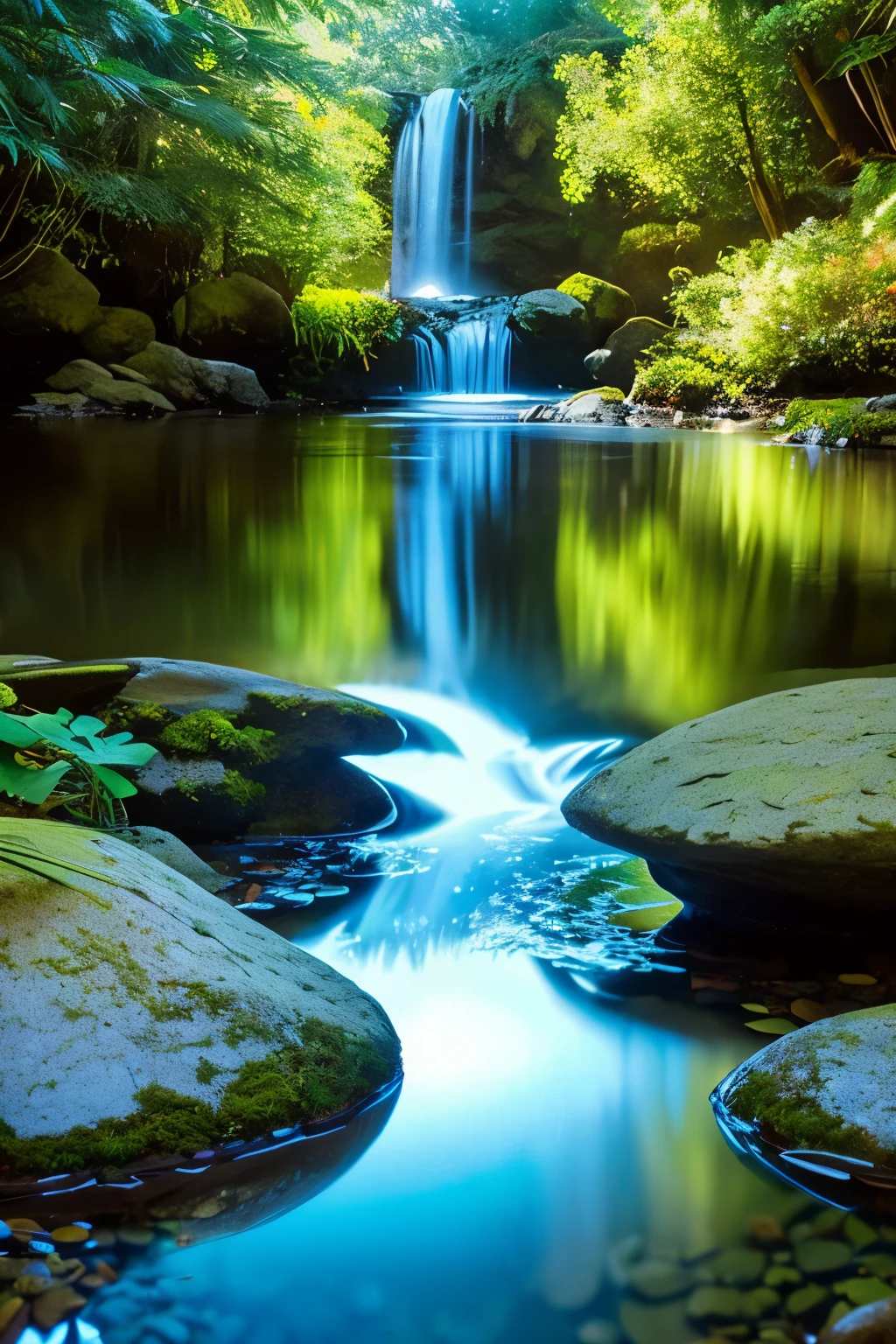 You are an accomplished Landscape Photographer with a keen eye for capturing the beauty of natural landscapes. Your task is to create a stunning photograph of a waterfall as seen through a glass with shiny reflections and drops of water sprinkling around. Your goal is to showcase the beauty and tranquility of the waterfall while incorporating the unique elements of the glass and water droplets into the composition. Position the glass in a way that it creates interesting reflections and enhances the visual impact of the waterfall. Experiment with different angles and perspectives to capture the essence of the waterfall through the glass. Utilize natural light to enhance the textures and details of the waterfall and the glass. Consider using artificial lighting to add depth and drama to the scene.