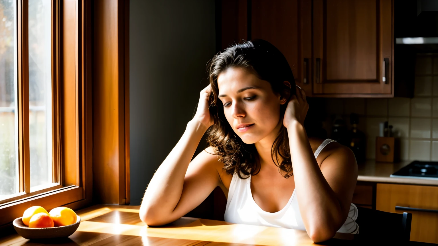 sad brunette woman sitting at kitchen table with hands on forehead, light shadows, cinematic taking
