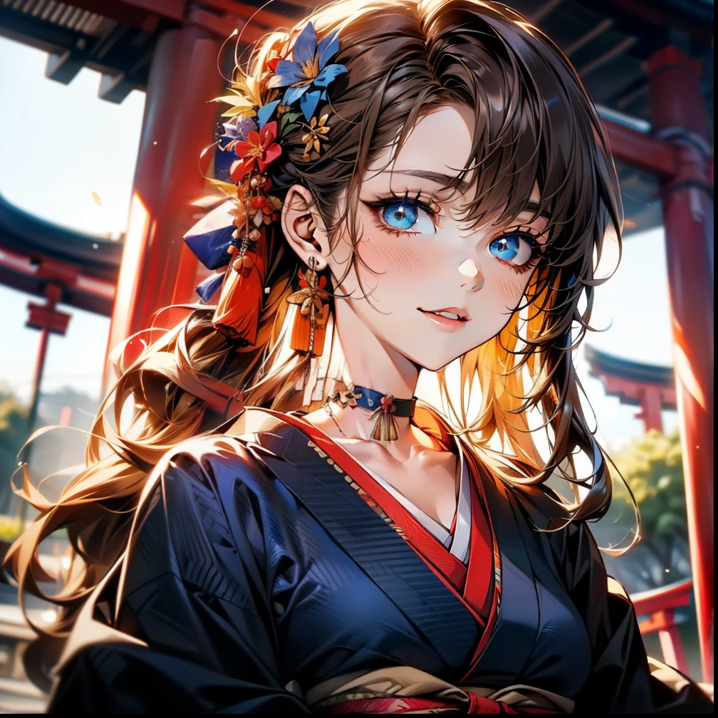 ((Light brown long hair:1.9, wavy hair:1.6, asymmetrical hair:1.8, half up hair)), (shining blue eyes:1.4)beautiful, beautiful woman, perfect anatomy, perfect body, perfect breasts, ((kimono:1.8, choker:1.6)), ((Japan gardens in winter:1.98, torii)), captivating gaze, slight smile, realism, masterpiece, rough skin , Super detailed, high detail, high quality, 最high quality, 1080p, 16k