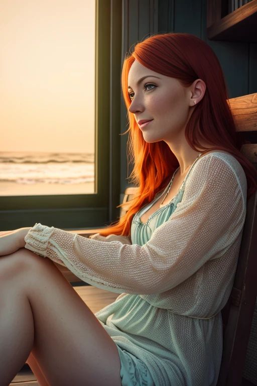 (8k, RAW photo, highest quality) depth of field, bokeh, 8K, HDR, cinematic rendering, 36-year-old redheaded woman, some small freckles, front view, whole body, thighs apart, dressed in a tattered nightie, straps dropped, peeled off, sitting on a beach, goosebumps, cinematic, faded colors, dark shot, muted colors,  grainy film, read, crazy details, intricate details, hyperdetailed, sunset, shyness, seduction, romanticism, open mouth, elated, looks at the lens with love