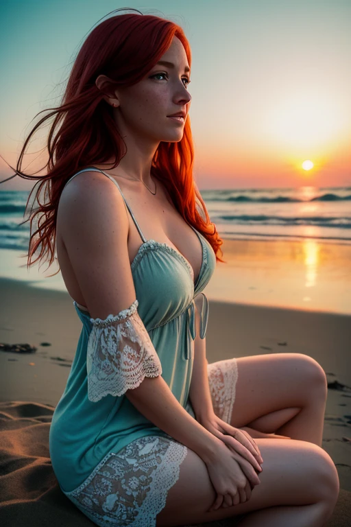 (8k, RAW photo, highest quality) depth of field, bokeh, 8K, HDR, cinematic rendering, 36-year-old redheaded woman, some small freckles, front view, whole body, thighs apart, dressed in a tattered nightie, straps dropped, peeled off, sitting on a beach, goosebumps, cinematic, faded colors, dark shot, muted colors, grainy film, read, crazy details, intricate details, hyperdetailed, sunset, shyness, seduction, romanticism, open mouth, elated, looks at the lens with love