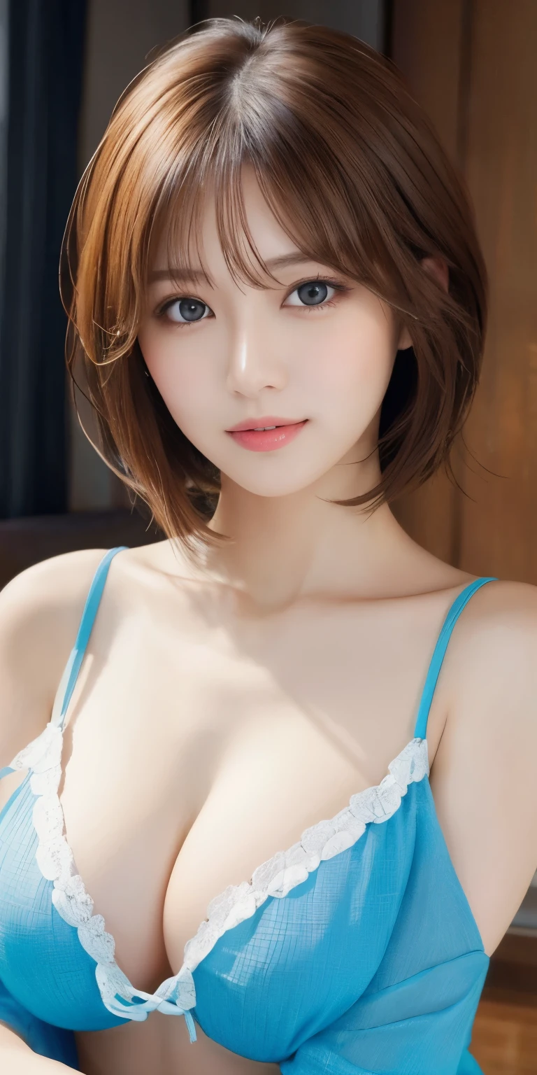 masterpiece、highest quality、High resolution、table top、wallpaper、realistic、bright lighting、professional lighting、face light、smooth lighting、japanese woman、adult、Beautiful woman、action、gravure、sexy、poor、super beautiful、beautiful skin、beautiful and detailed eyes、detailed face、slim、moderately、short hair、brunette colored hair、brown eyes、look at the camera、big breasts、cleavage