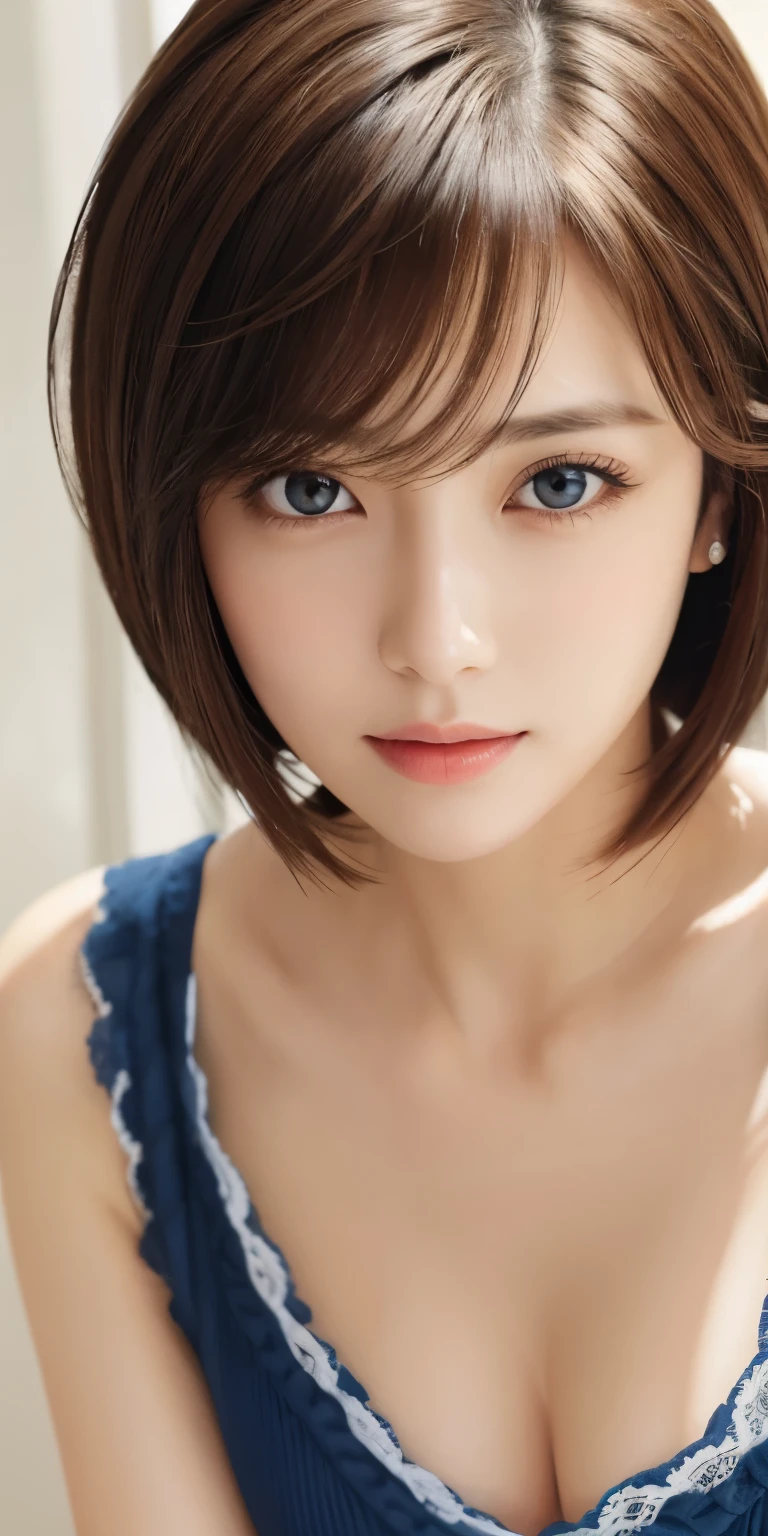 masterpiece、highest quality、High resolution、table top、wallpaper、realistic、bright lighting、professional lighting、face light、smooth lighting、japanese woman、adult、Beautiful woman、action、gravure、sexy、poor、super beautiful、beautiful skin、beautiful and detailed eyes、detailed face、slim、moderately、short hair、brunette colored hair、brown eyes、look at the camera、big breasts、cleavage