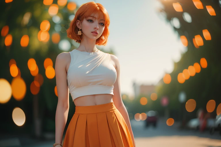 Ultra realistic, 16k, high quality, 1 girl, short light orange hair, shoulder-length pale orange hair that spreads across her left temple and is tucked behind her ear, eyes blue, bright eyes, white skin, pale skin, flushed cheeks, big tits, narrow waist, big hips, hot legs, skirt, parted lips, blush, night, flowers, sun, sollight, 20 years old, (beautiful tall body), professional photography of a stunning woman detailed, sharp focus, dramatic, award-winning, cinematic lighting, volumetric dtx, (film grain, blurred background, blurred foreground, Bokeh, depth of field, motion blur:1.3), multiple hot sexy poses.  