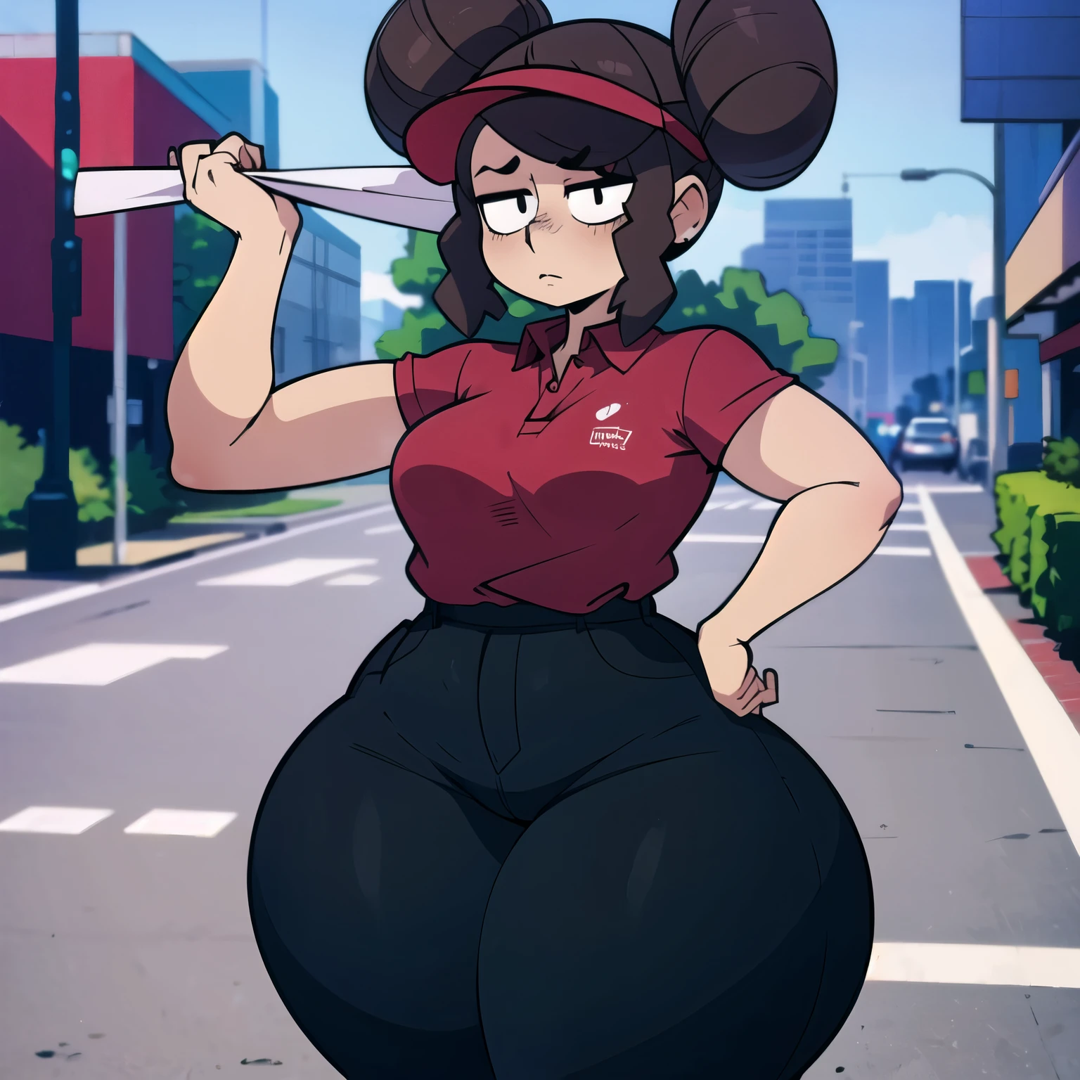 (masterpiece:1.4), (best quality), (detailed), (8k), inzaniak, (solo, 1girl, cowboy shot), (sidewalk, city), boss, (black eyes:1.2), small breasts, (wide hips, thick thighs:1.3), (dark skin:0.8), brown hair, sidelocks, double bun, visor cap, red headwear, collared shirt, red shirt, short sleeves, black jeans, shirt tucked in,