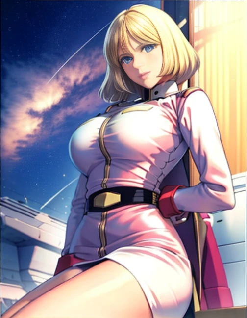超realistic1人の女の子, Sayla Mass, elegant, table top, Complex, パンツが見えそうな超ミニskirtのアーミーピンクの制服ワンピース、超ミニskirt ミニスカではパンツが見えます、white panties、Her uniform is about to burst from her large breasts.、realistic, highest quality, With White Base and Mobile Suit Gundam in the background、absurd, high facial detail, perfect eyes, 18-year-old, cowboy shot, realization、, Bright colors, pink uniform, skirt