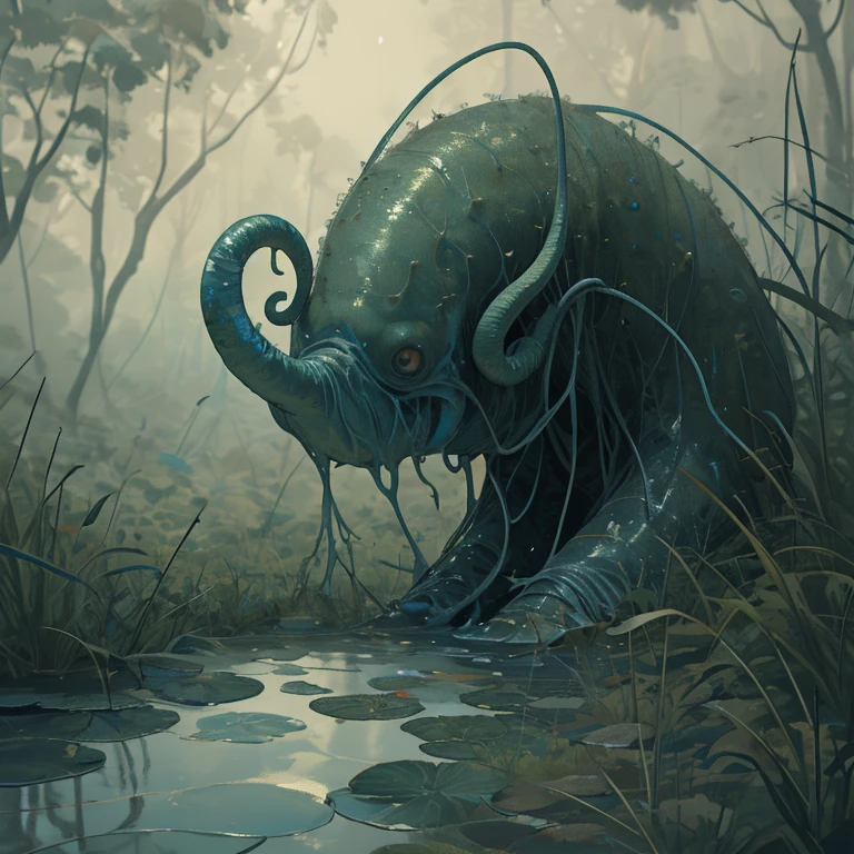 semi realistic anime creature covered in vegetation looking sodden strands so you can hardly see its body, has spindly tentacles which are only just visible, it is in a barren marshland with no vegetation of any height and murky pools of water, it is misty