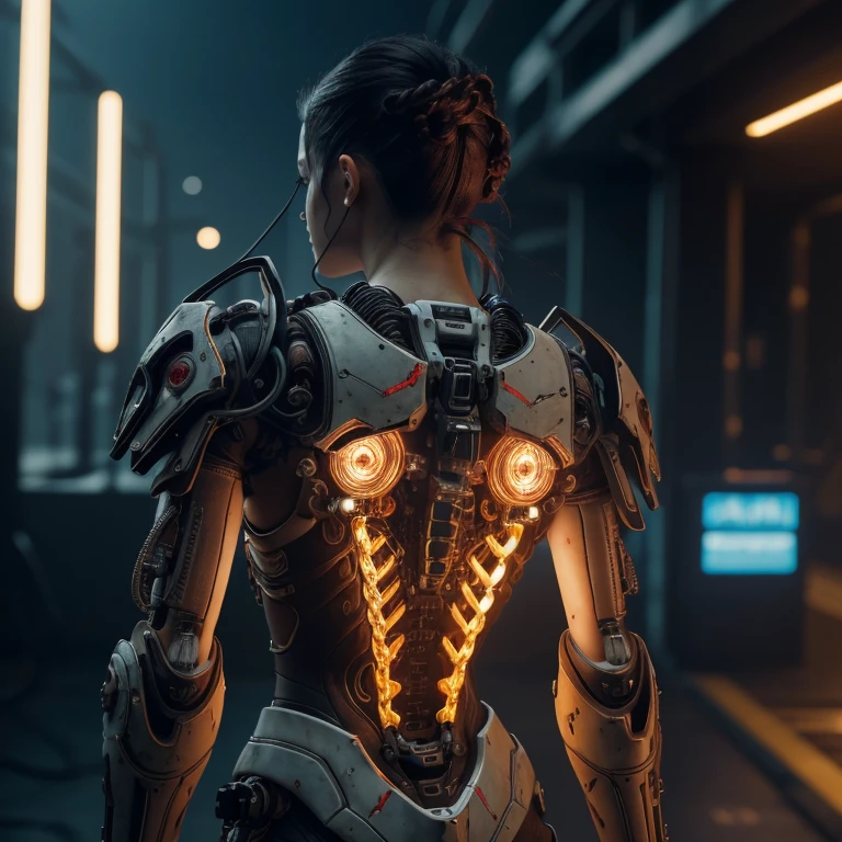 Top Quality, Masterpiece, Ultra High Resolution, (Photorealistic: 1.4), Raw Photo, 1 cyberpunk 2077 Girl, Glossy Skin, 1 Mechanical Girl, (Ultra Realistic Detail)), (((Full body shot))), Global Illumination, Contrast, Shadows, Octane Rendering, 8K, Ultra Sharp, narrow chin, voluptuous curved lips, Raw Skin, Metal, Intricate Ornament Details, Japan Details, Very intricate details, realistic light, CGSoation trend, facing the camera, neon details, mechanical limbs, blood vessels connected to the tube, mechanical vertebrae attached to the back, mechanical cervical attachment to the neck, wires and cables connecting to the head, gundam, small LED lamps.