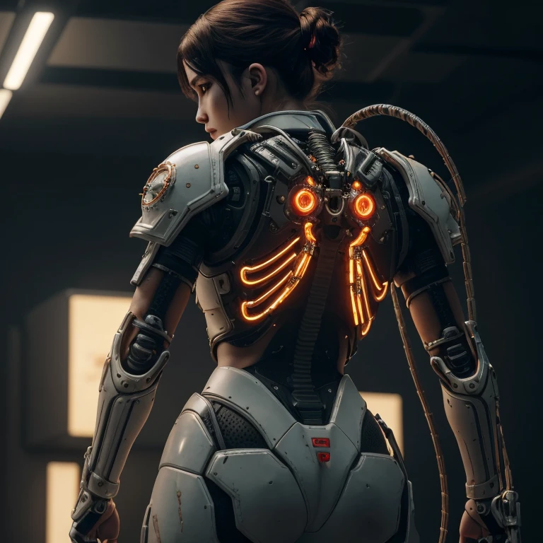 Top Quality, Masterpiece, Ultra High Resolution, (Photorealistic: 1.4), Raw Photo, 1 cyberpunk 2077 Girl, Glossy Skin, 1 Mechanical Girl, (Ultra Realistic Detail)), (((Full body shot))), Global Illumination, Contrast, Shadows, Octane Rendering, 8K, Ultra Sharp, narrow chin, voluptuous curved lips, Raw Skin, Metal, Intricate Ornament Details, Japan Details, Very intricate details, realistic light, CGSoation trend, facing the camera, neon details, mechanical limbs, blood vessels connected to the tube, mechanical vertebrae attached to the back, mechanical cervical attachment to the neck, wires and cables connecting to the head, gundam, small LED lamps.