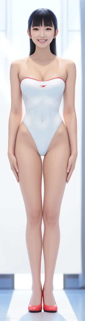 On a white background,A tall and beautiful Chinese girl,with fair skin,Toothy smile,A big smile,When you laugh, Your eyes are crescent-shaped,blunt bangs, long straight hair,Wear a one-piece swimsuit and pumps,Swimsuits are decorated with joyful patterns, Stand up straight,Stand upright,hands on sides,Symmetrical distribution,Ray tracing,All shaded areas,No windows, Soft lighting, Warm light, flood light, no lights on the top, Studio light, 1.4x Realistic Ultra HD