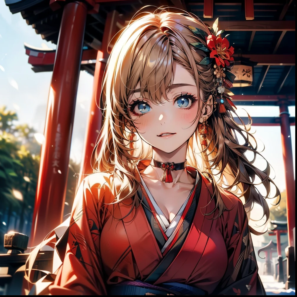 ((Light brown long hair:1.9, wavy hair:1.6, asymmetrical hair:1.8, half up hair)), (shining blue eyes:1.4)beautiful, beautiful woman, perfect anatomy, perfect body, perfect breasts, ((kimono:1.8, choker:1.6)), ((Japan gardens in winter:1.98, torii)), captivating gaze, slight smile, realism, masterpiece, rough skin , Super detailed, high detail, high quality, 最high quality, 1080p, 16k 