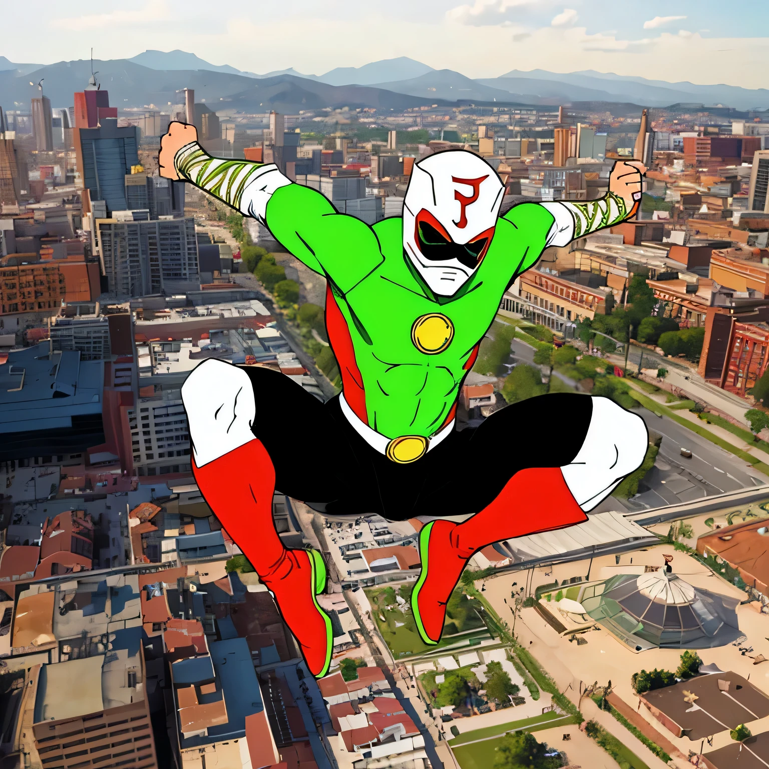 Hispanic 15-year-old young man in a green and red suit, leaping heroic pose, boxing hand wraps, luchador mask, luchador superhero.