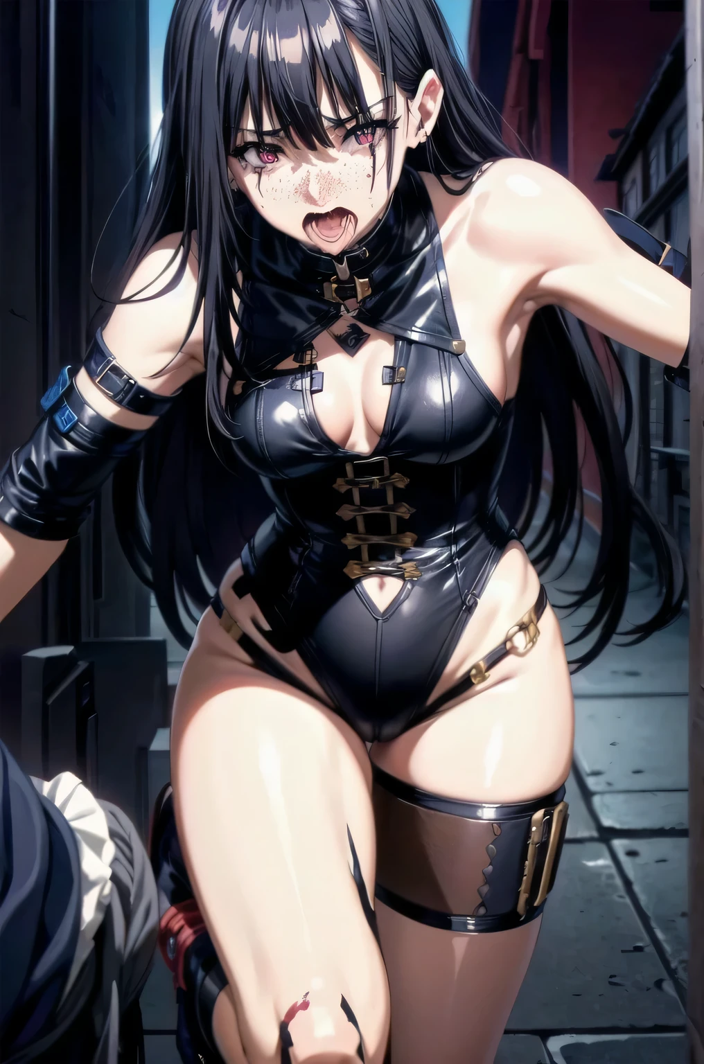 score_9, score_8_up, score_8,blach hair game character, smeared makeup, crying, blush, freckles, very detailed redeyes,pretty woman, cute, long hair, medium breasts, ,redhead,30 yo,chained, handcuffed, on her knees, on the ground, gaping asshole, anal gape,scared, 1man, guard, fucked from behind, anal penetration, screaming, crying, sex, tied to a wall, bare breasts, breasts showing, cum covered, tongue out, cum on tongue, hair covering eye, face down, ass up,afraid, scared, screaming, saliva, dripping, crying, edgHarness, wearing edgHarness, leather harness edgChoker, 1girl, solo, close-up, wearing edgChoker Expressiveh, black hair