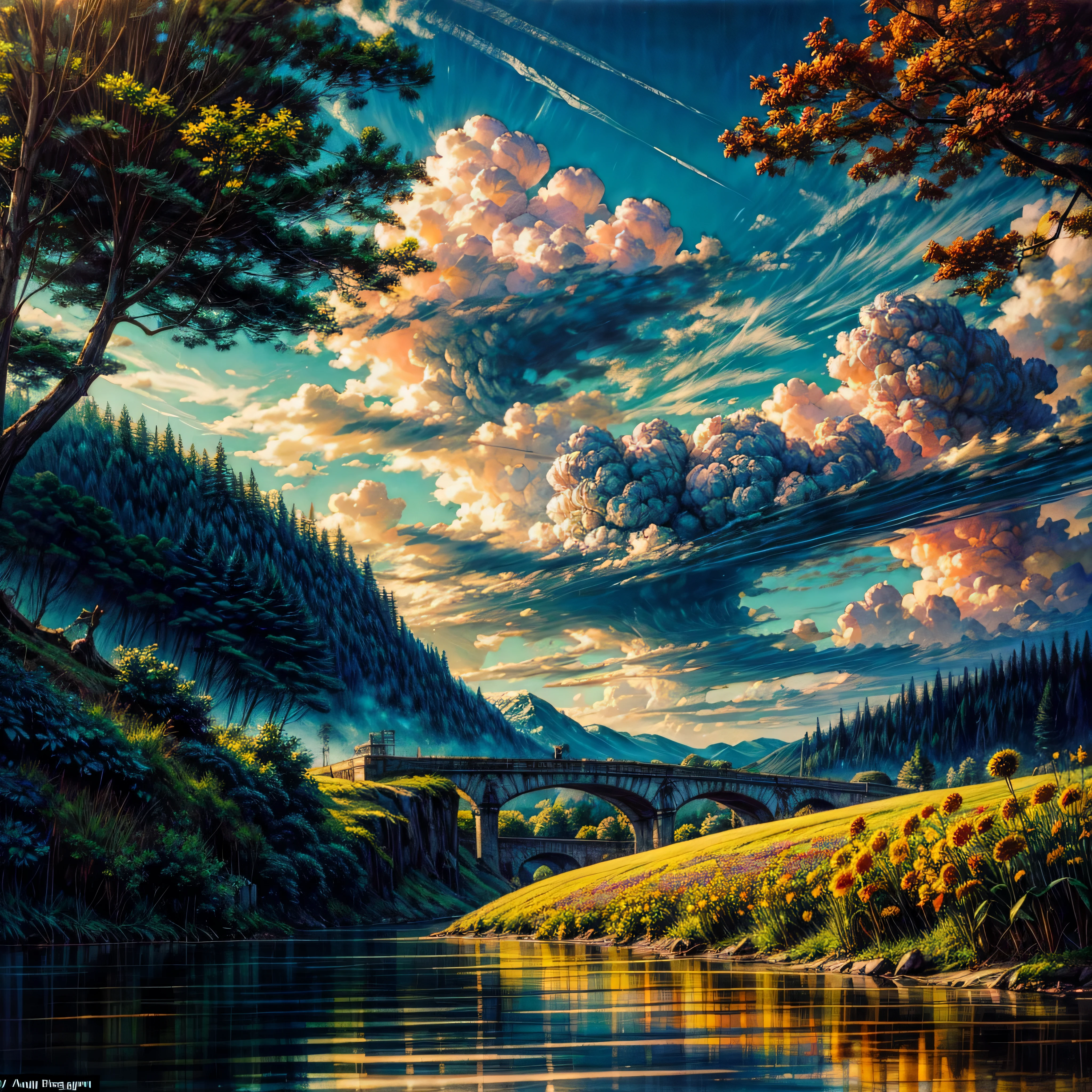 sunblust,painting,oil painting,beautiful detailed landscape,bright sunlight,golden rays,summer colors,vibrant,warm tones,rolling hills,green meadows,fluffy clouds,gentle breeze,peaceful atmosphere,sunflowers in bloom,shadows and highlights,dappled light,impressionistic brushstrokes,texture and depth,harmony of colors,serene natural scene,tranquil beauty,functional perspective,blurred background,euphoric feeling,harmonious composition,instinctive brushwork,artistic expression,wispy clouds,glowing horizon,line and form,calm and soothing,pleasing to the eye