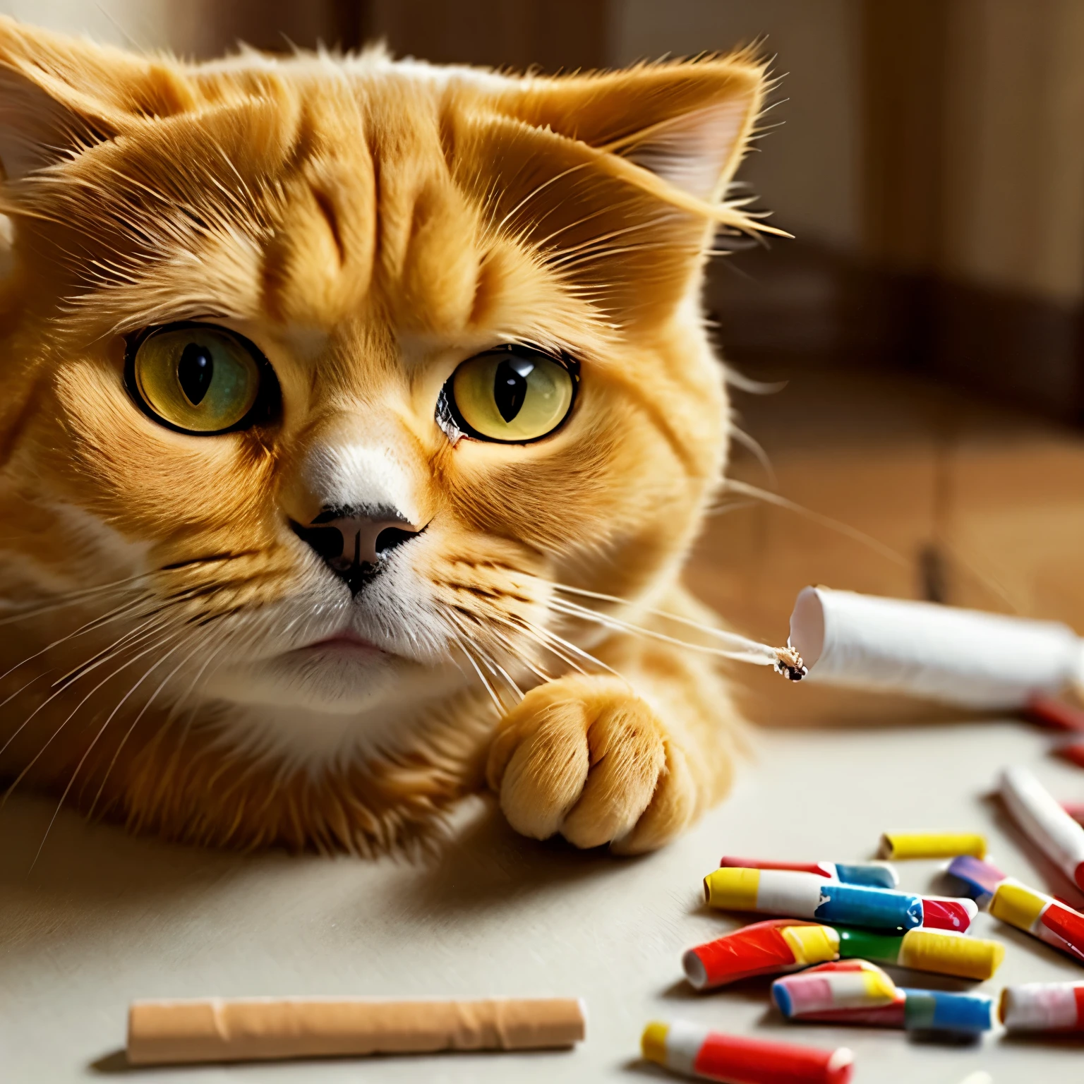 Golden Scottish Fold cat trying to quit smoking at home、Eating candy instead of cigarettes