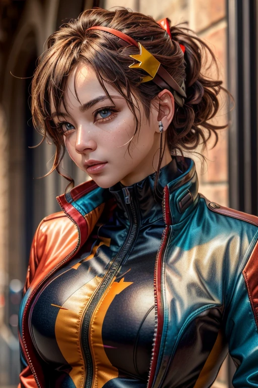 (8K, highest quality, masterpiece:1.2), Super detailed, masterpiece, realistic lighting,masterpiece, highest quality, masterpiece, official art,extremely detailed CG unity 8K wallpaper,detailed and beautiful eyes, light shines on your face, 1 girl, Asuka,Upper body, chest, pilot_suit, plugsuit, red_Jacket, windbreaker, gloves, bandage, hair_ornament, Braces,  