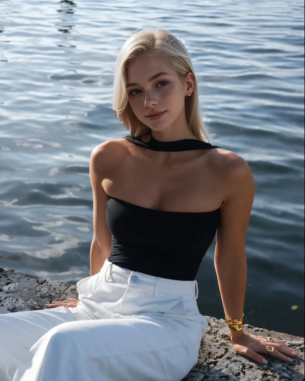 mulher, americana, 25 anos, pale skin and freckles, olhos cinzas, nariz delicado, soft and delicate lips, longo, cabelo blondie longo e ondulado na altura da cintura, sorriso meigo, face with delicate feminine facial features, altamente renderizado